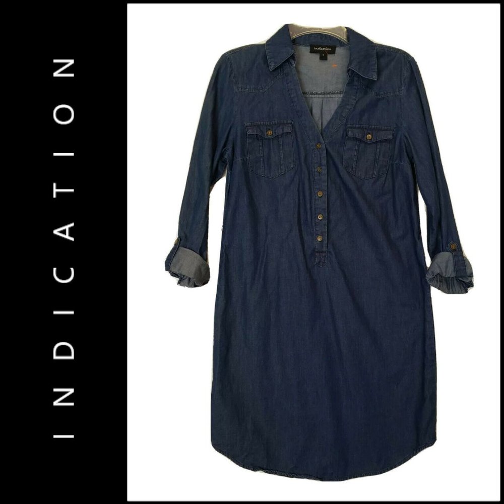 Indication Women Chambray Button Front Dress Blue